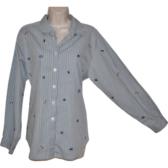 Ladies Stephanie K pinstripe embroidered long sleeve button down shirt fall nice - Picture 2 of 10
